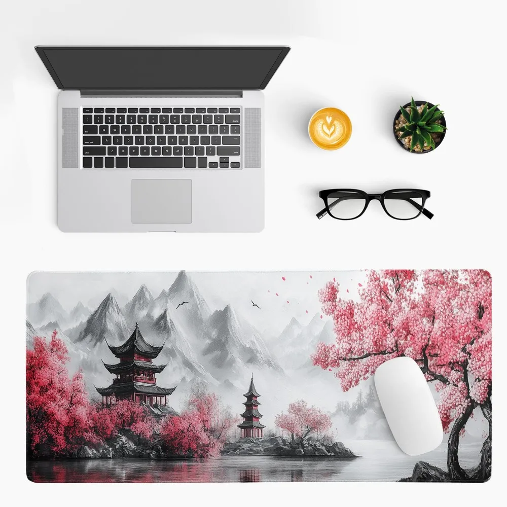 Large Gaming Mouse Pad Ink Cherry Blossom Pagoda Mountain Lake Extended Desk Mat Non‑Slip Rubber Playmat with Stitched Edges