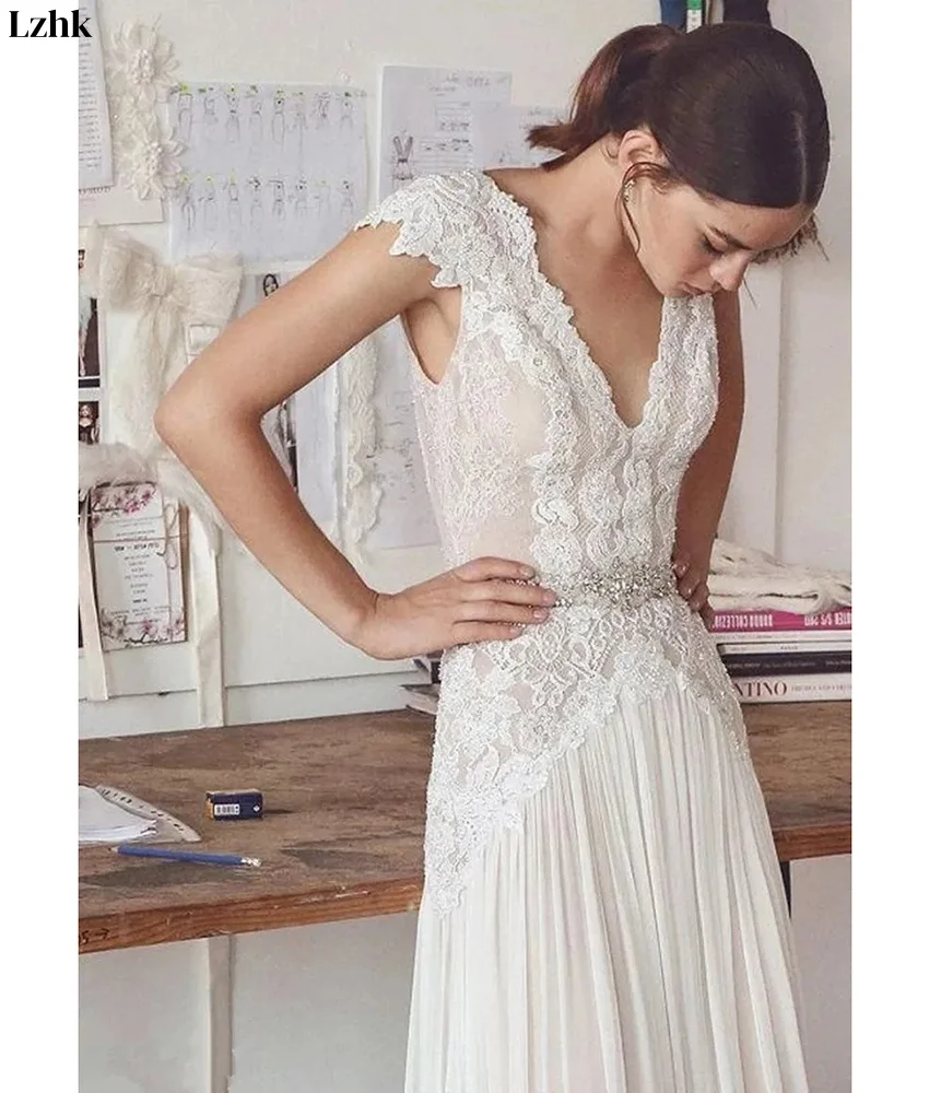 Temperamento personalizado chiffon a linha renda cristal vestido de noite de alta qualidade com decote em v sem mangas até o chão vestidos de festa