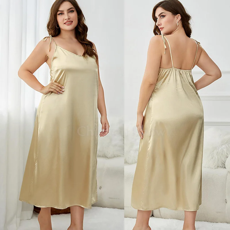 PLUS SIZE Spaghetti Strap Long Nightdress Nightgown Women Sleepwear Bandage Chemise Night Dress Silk Rayon Homewear 3XL 4XL