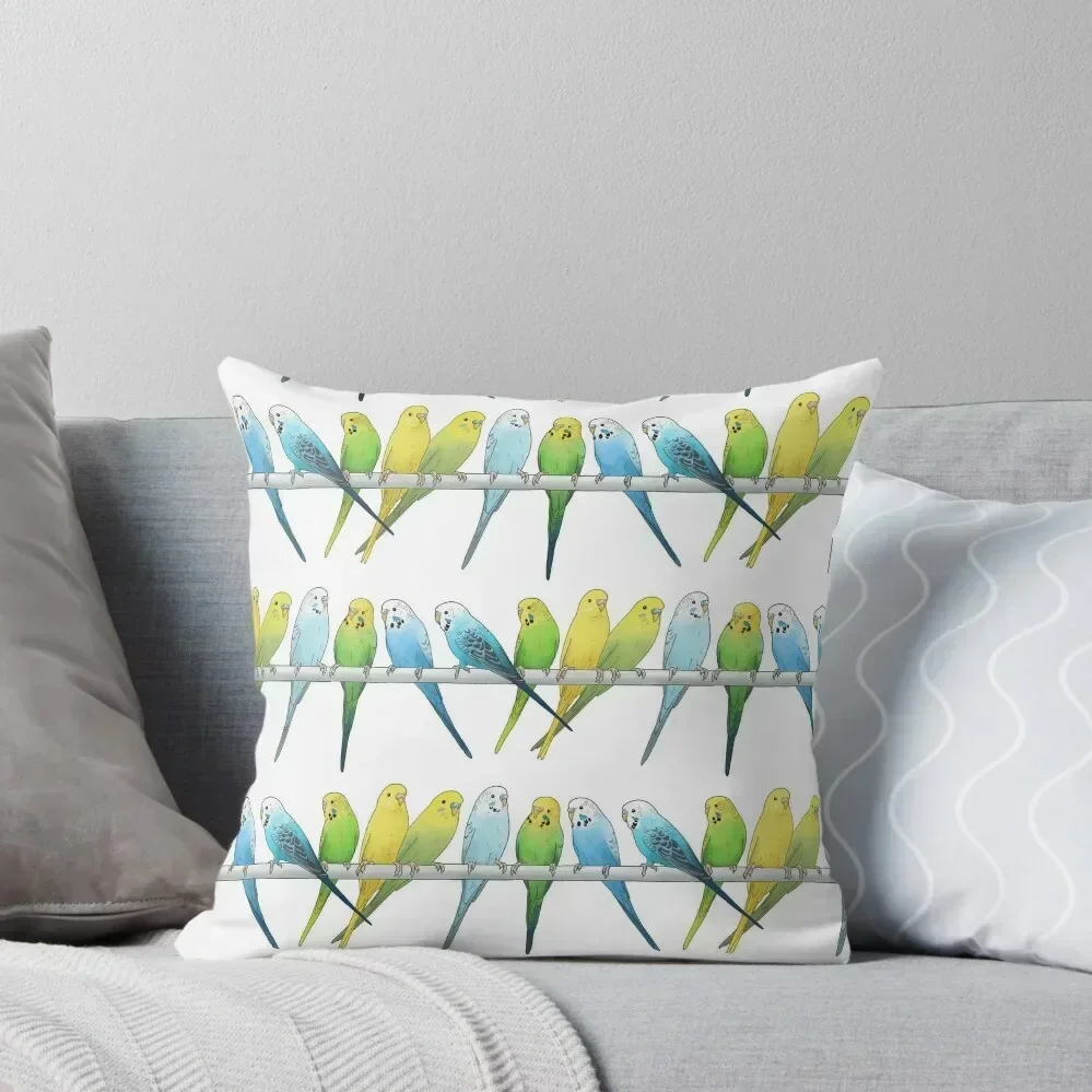 Rows of Budgies pet birds sitting on a perch a on white background Throw Pillow Decorative Sofa Cushions New year pillow