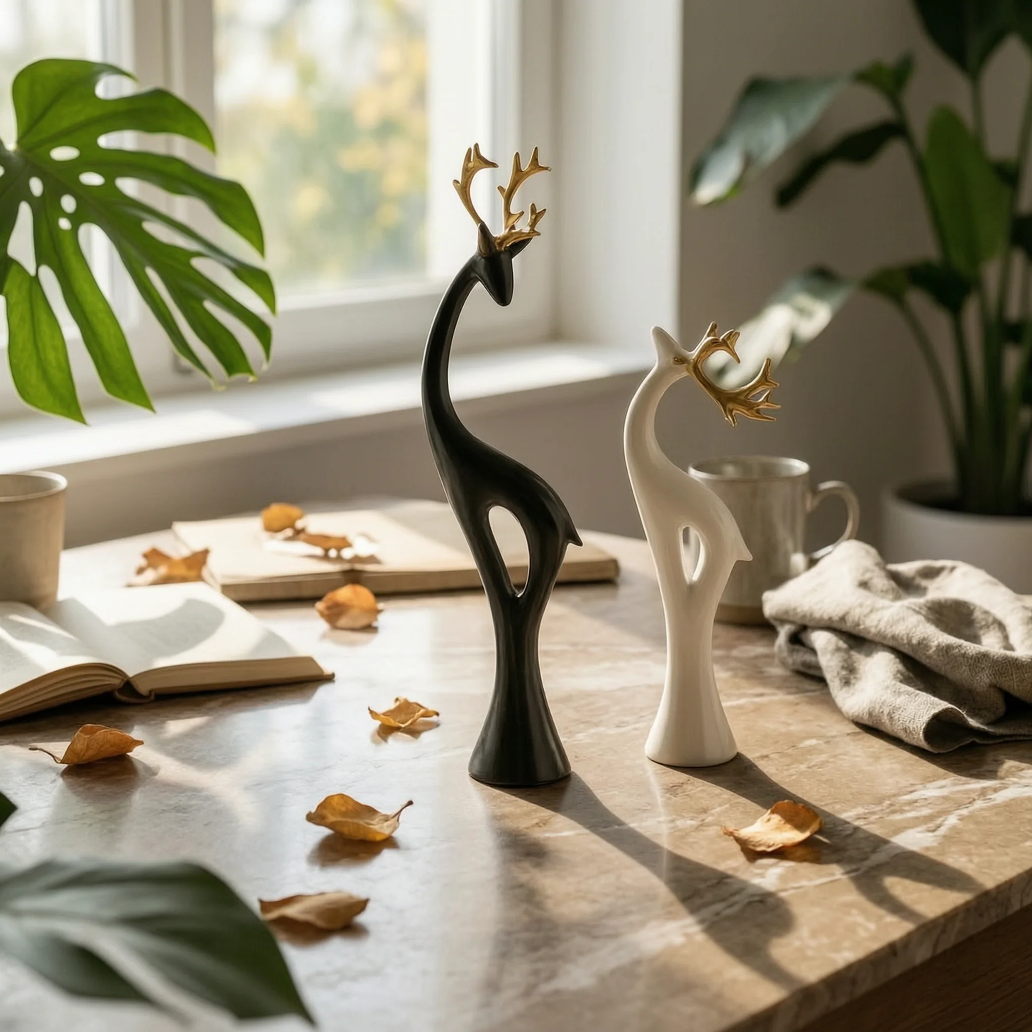 Deer Figurines with Gold Antlers Elegant Deer Ornament Animal Statue Modern Decorations Sculpted for Couples, Living Room, Shelf