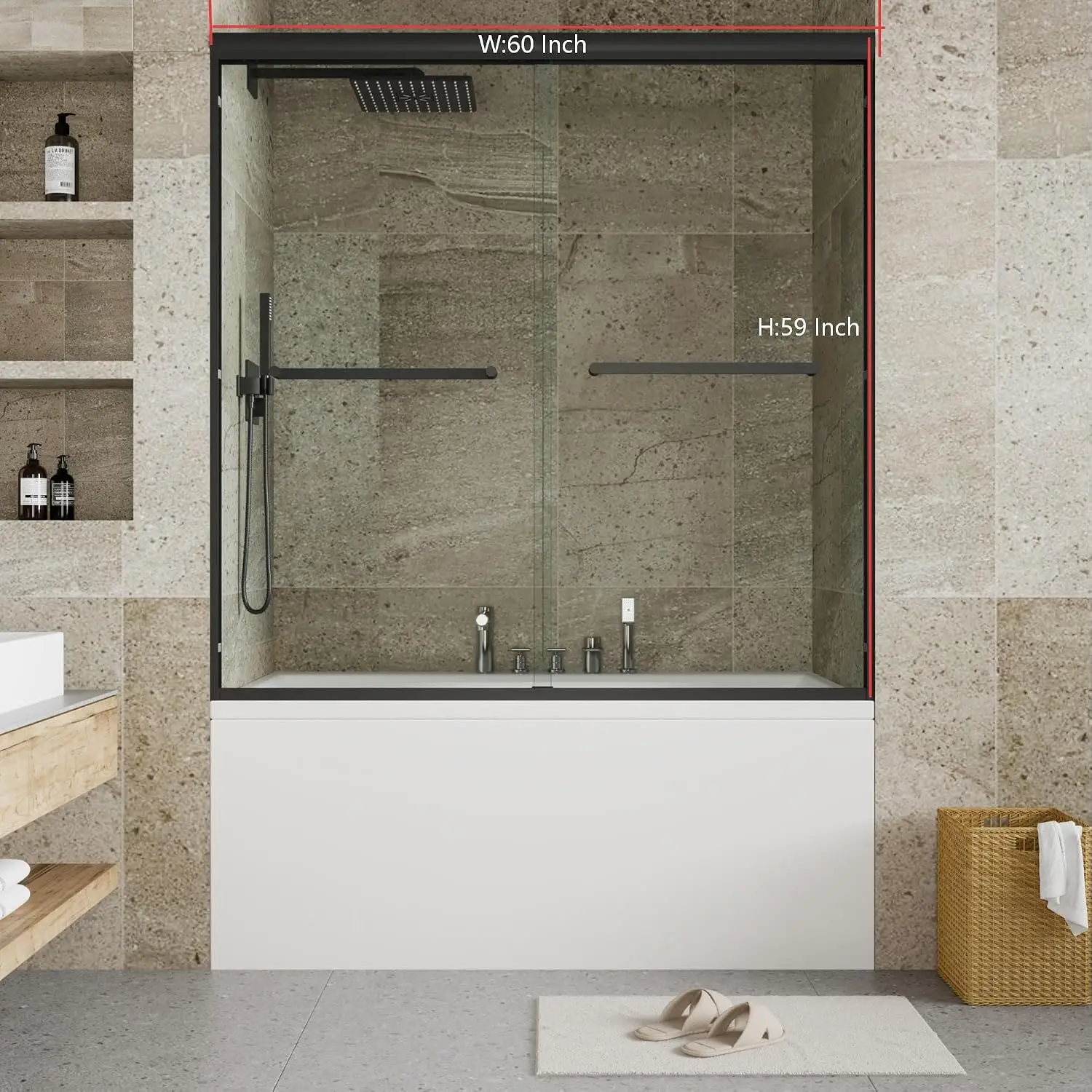 Aluminum Shower Door 60x59 inch with 6mm Tempered Glass, Matte Black Finish, Double Sliding Doors, for Tub, Customized