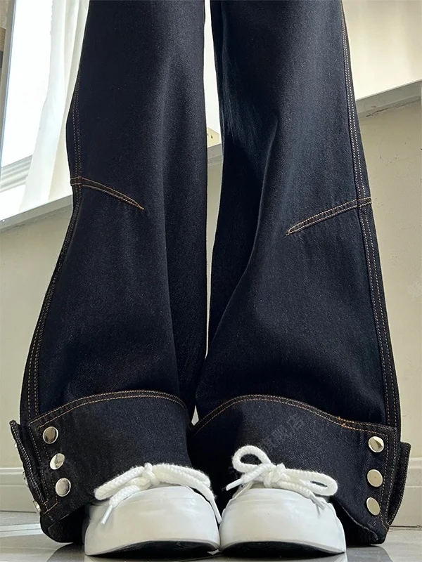 

American Retro High Waist Straight Leg Denim Jeans Women's Autumn Winter New Style Cuffed Button Design Wide Leg Floor Length...