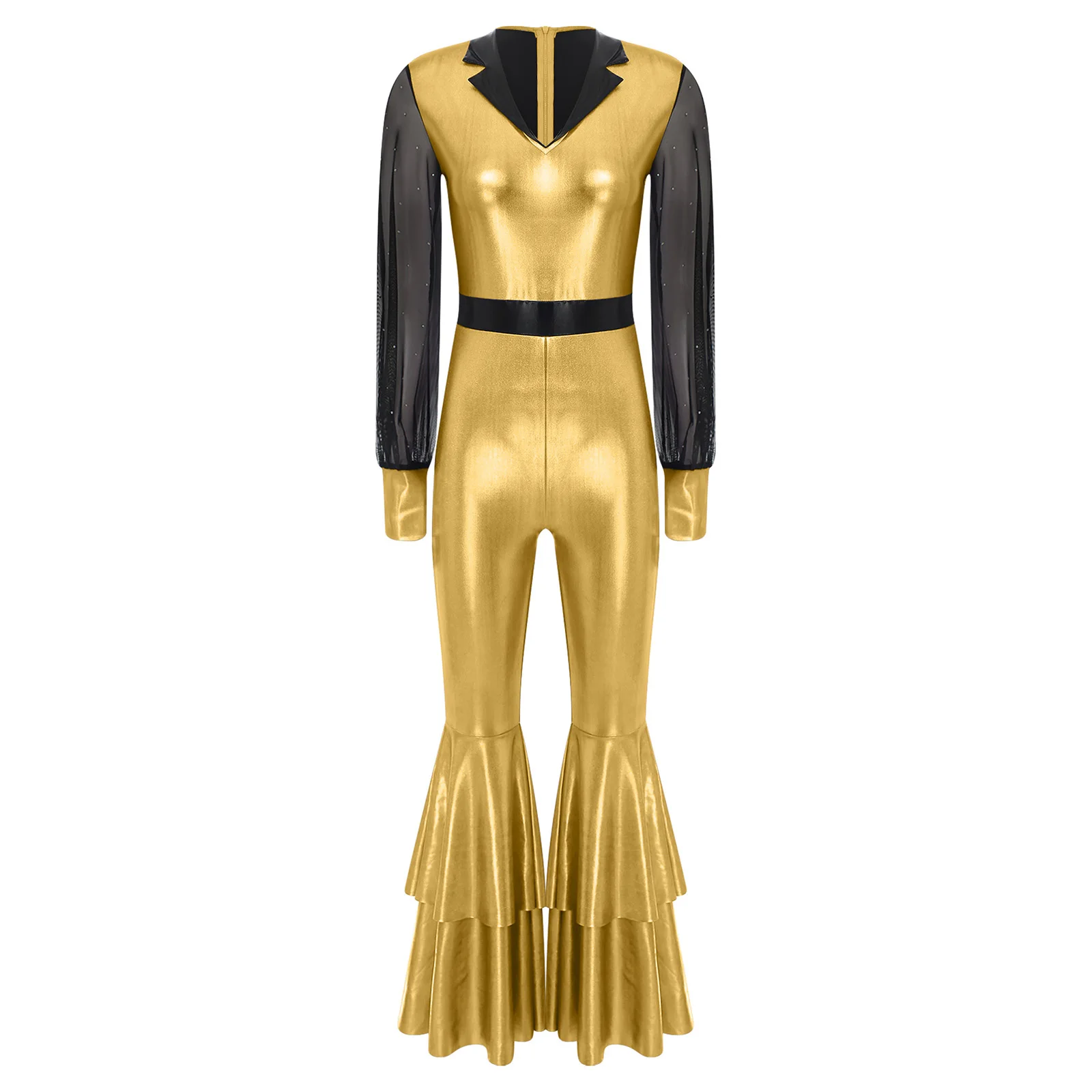 

Women 70s 80s Disco Jazz Ballroom Dance Rompers Shiny Mesh Long Sleeve Flared Pants Jumpsuit for Party Club Raves Dance Uniform