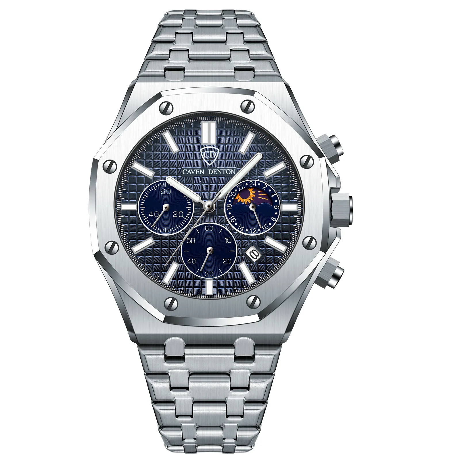 고급 방수 남성용 시계 다기능 문페이즈 표시 삼안 육침 스틸 스트랩 손목시계 남성용