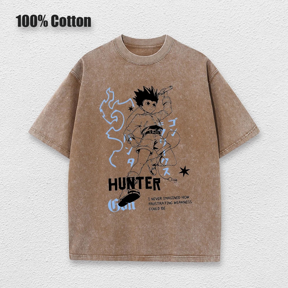 Punk Anime Hunter x Hunter Washed T-shirts Mens Cotton Clothing Graphic Manga Harajuku Tees Unisex Summer Top Male Streetwear