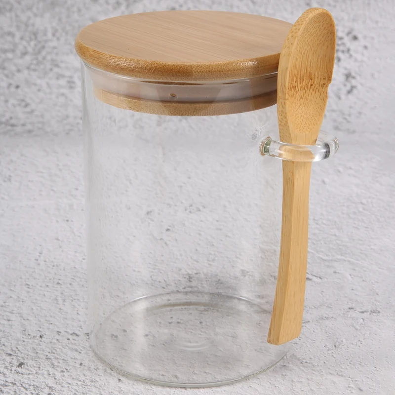 Glass Food Airtight Canister Castor Wooden Twist Lid Kitchen Candy Storage Tank Jar Bamboo Food Container With Wooden Spoon