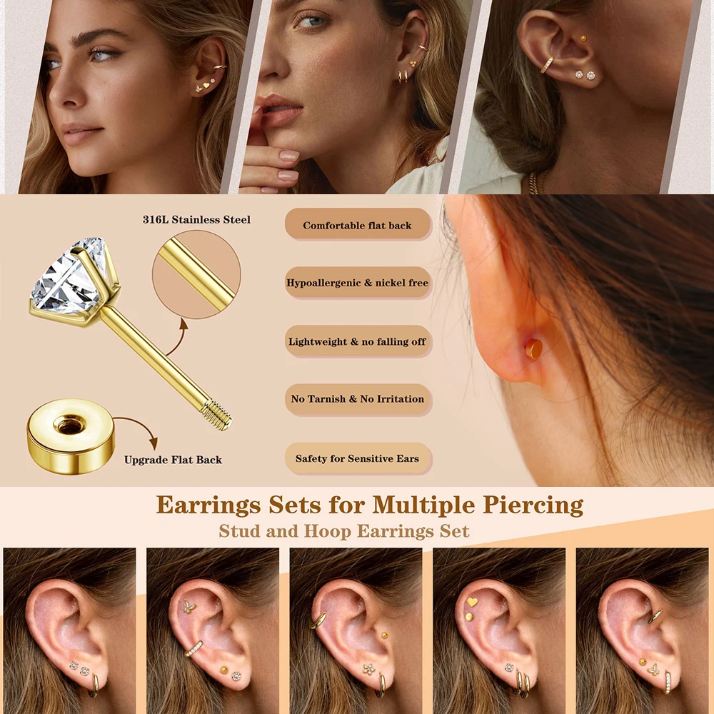12 Pairs Flat Back Earring Stud,Tiny Stainless Steel Earrings Set for Multiple Piercing Cartilage Hoop Earrings