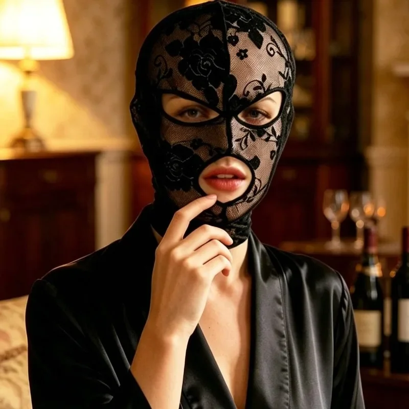 Unisex Full Face Venetian Gothic Lace Mask with Eye Mouth Openings,Black Mesh Headpiece - view 5