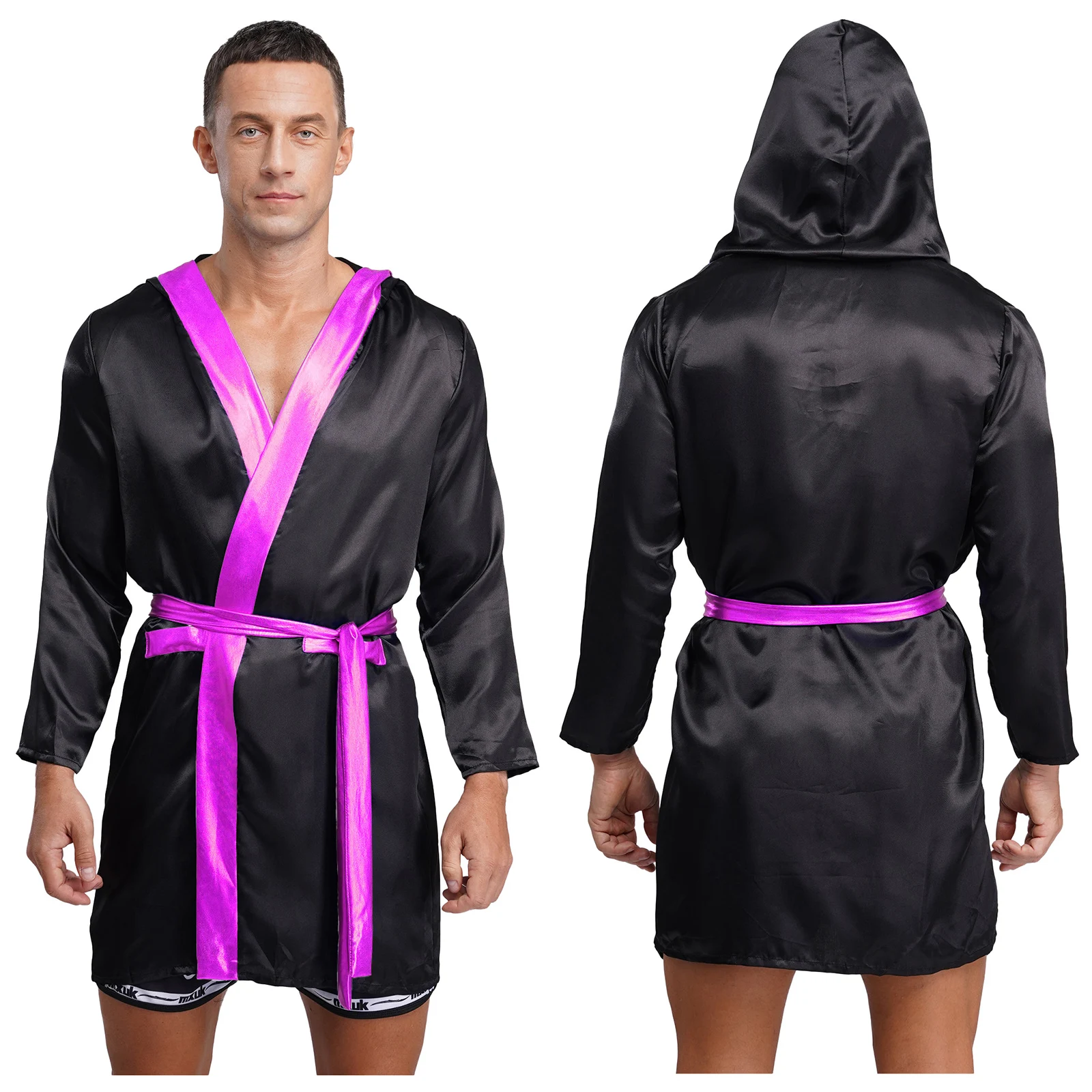 Mannen Halloween Carnaval Boxer Cosplay Kostuum Lange Mouw Open Voorzijde Metallic Glanzend Satijn Boksgewaad Kapmantel met Riem