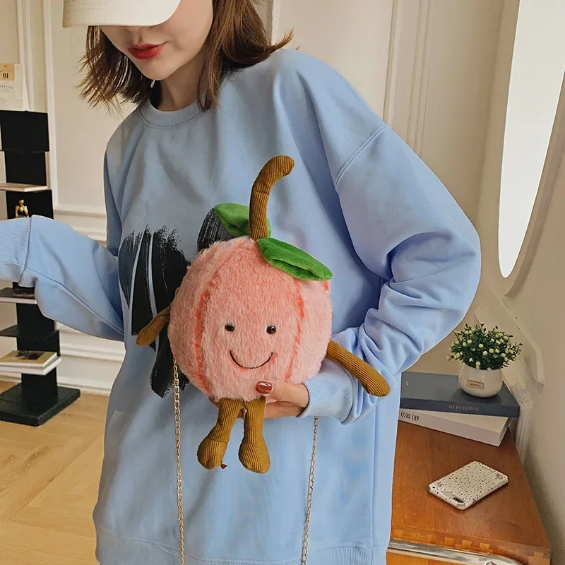 New women plush watermelon doll shoulder bag Ladies peach cute cartoon crossbody bag girl funny mobile phone bag