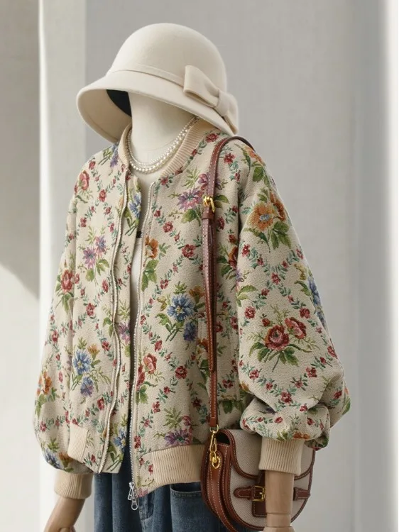 Retro Feel Oil Painting Embroidery Jacket Baseball Style Outerwear for Women Autumn Winter Fashionable Straight Cut Short Coat