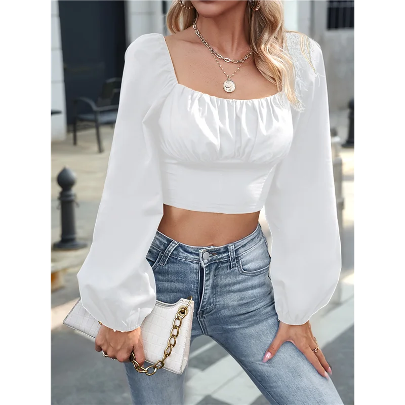 

Women's Ruched Wrap Square Neck Flounce Long Sleeve Crop Top Blouse