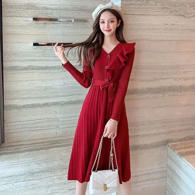 NMZM Crochet Sweater Dress Women's Red 2023 Autumn/Winter New Long Sleeve Knitted Dress Women's Knitted Purple Party Party Party