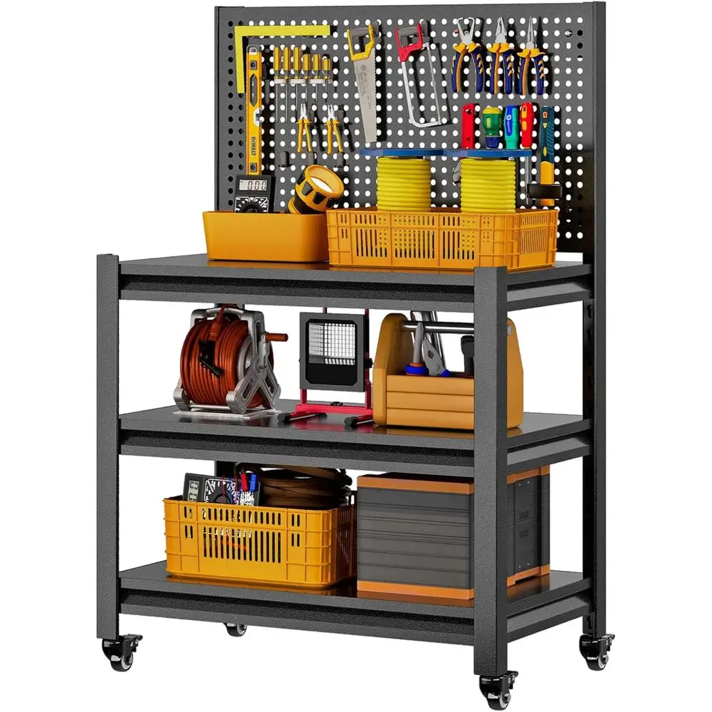 

Black Adjustable Height Pegboard Workbench with Lockable Mobile Wheels, 47.2H x 33.5W x 18D