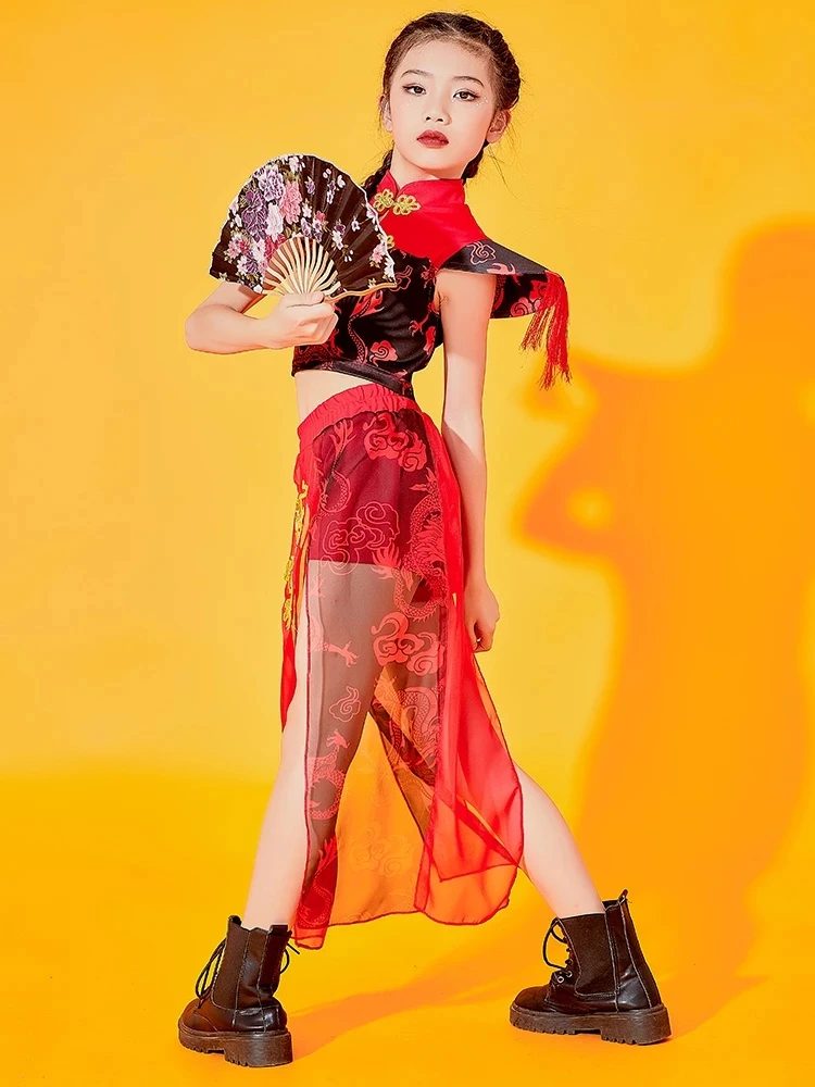2022 neue chinesische Hip-Hop-Tanz kleidung für Mädchen rote Outfits Jazz moderne Tanz kostüme Street Dance Rave Kleidung