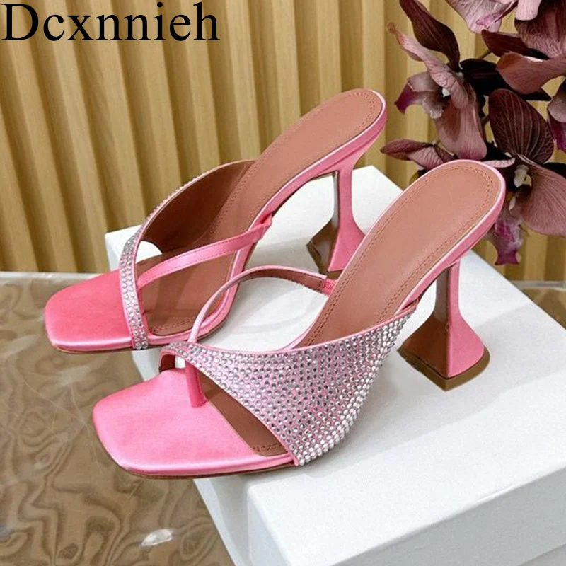 

Bling Bling Rhinestone Cup High Heel Split Toe Slippers Women Square Toe Shiny Crystal Sandals Summer Sexy Party Dress Shoes