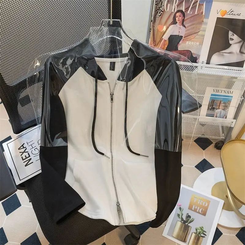 

Толстовки с капюшоном женские весенне-летние контрастные цвета на молнии верхняя одежда модная универсальная дышащая нежная шнуровка в консервативном стиле Ins