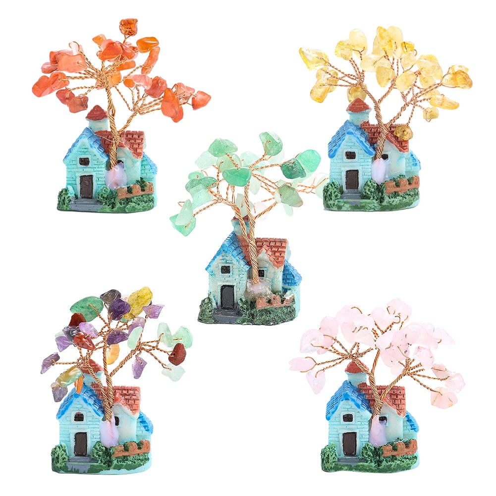 

Natural Crystal Tree Blue Villa Castle Ornaments Copper Wire Weaving Agate Onyx Stone Plant Home Decor Mini Crafts for Car Desk