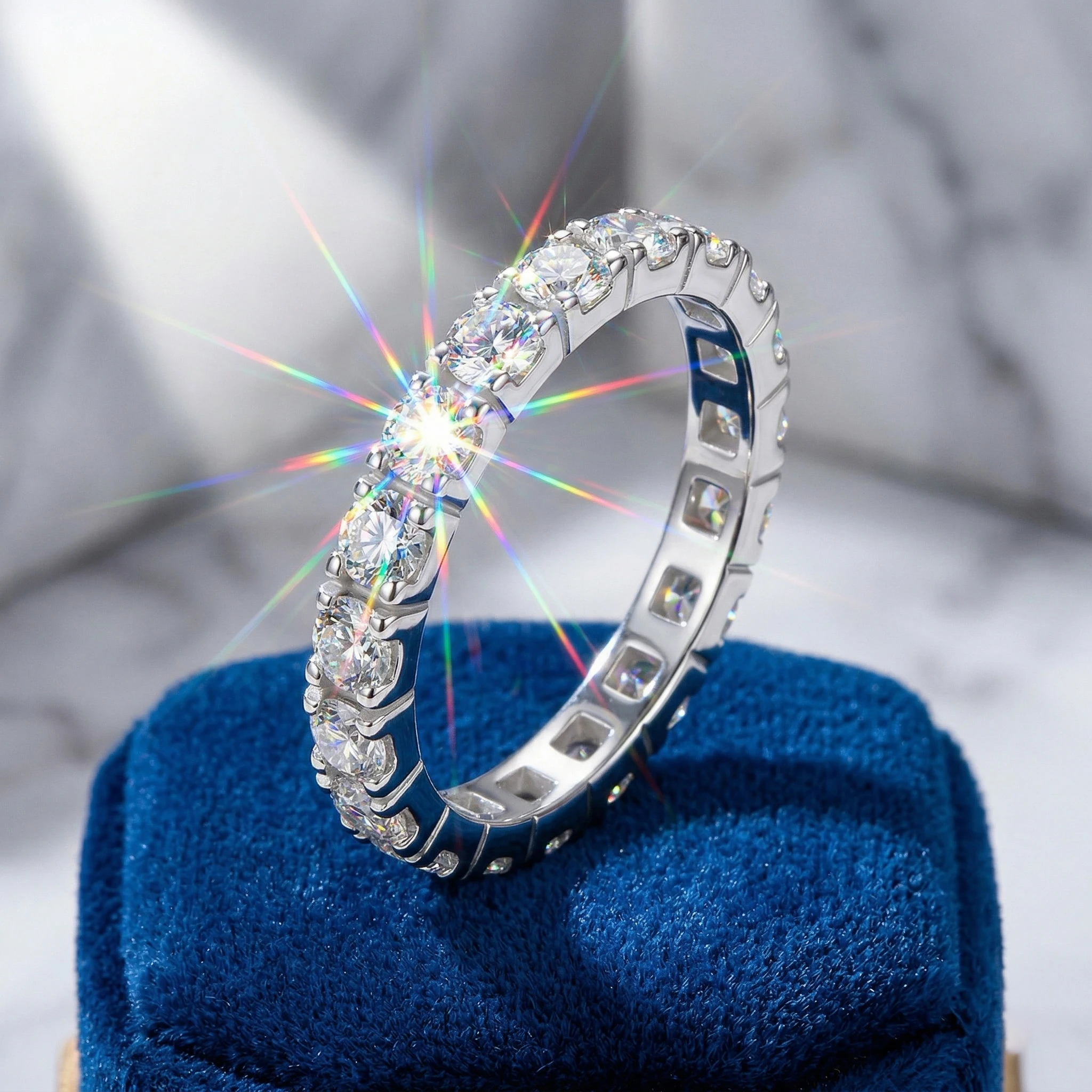 

Full Eternity Moissanite Ring, 925 Sterling Silver, D Color VVS1, Pave Setting, Daily Stackable, Women's, Certificate Quality