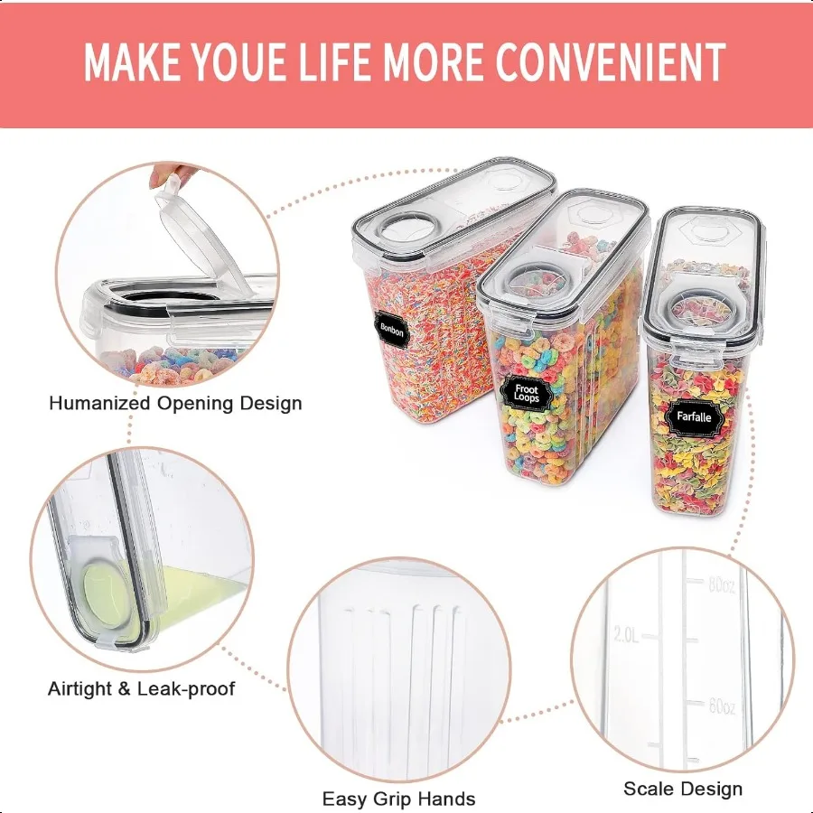 PRAKI Grandes recipientes de armazenamento de alimentos secos com tampas 6 PCS Conjunto de armazenamento de recipientes de cereais herméticos Conjunto de vasilha à prova de vazamentos para Kitche