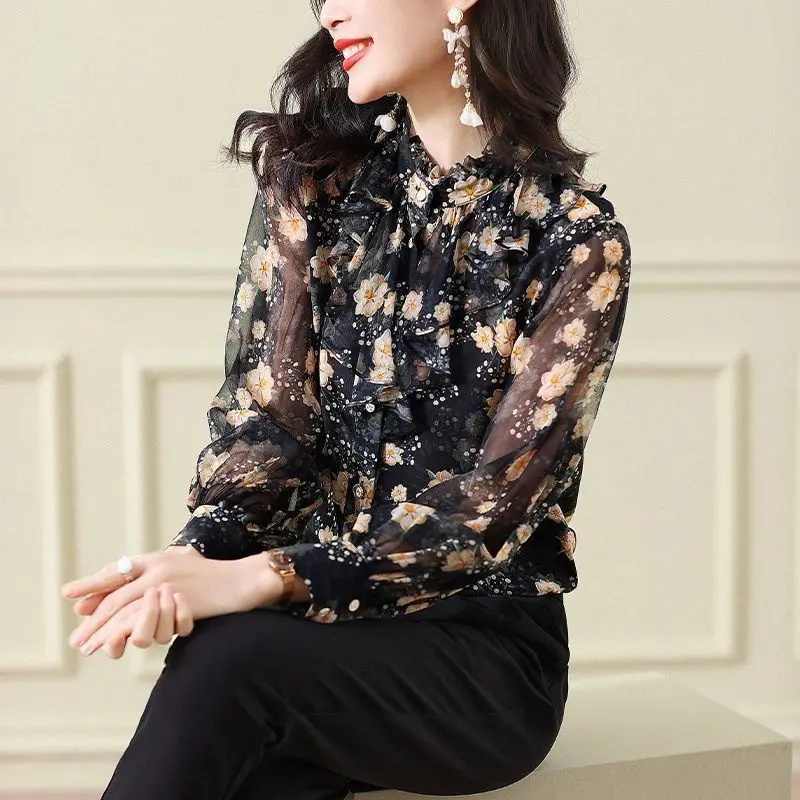 Women Vintage Floral Print Ruffles Elegant Shirts Spring Autumn Fashion Chic Blouses Long Sleeve Loose Tops Chiffon Blusa Mujer