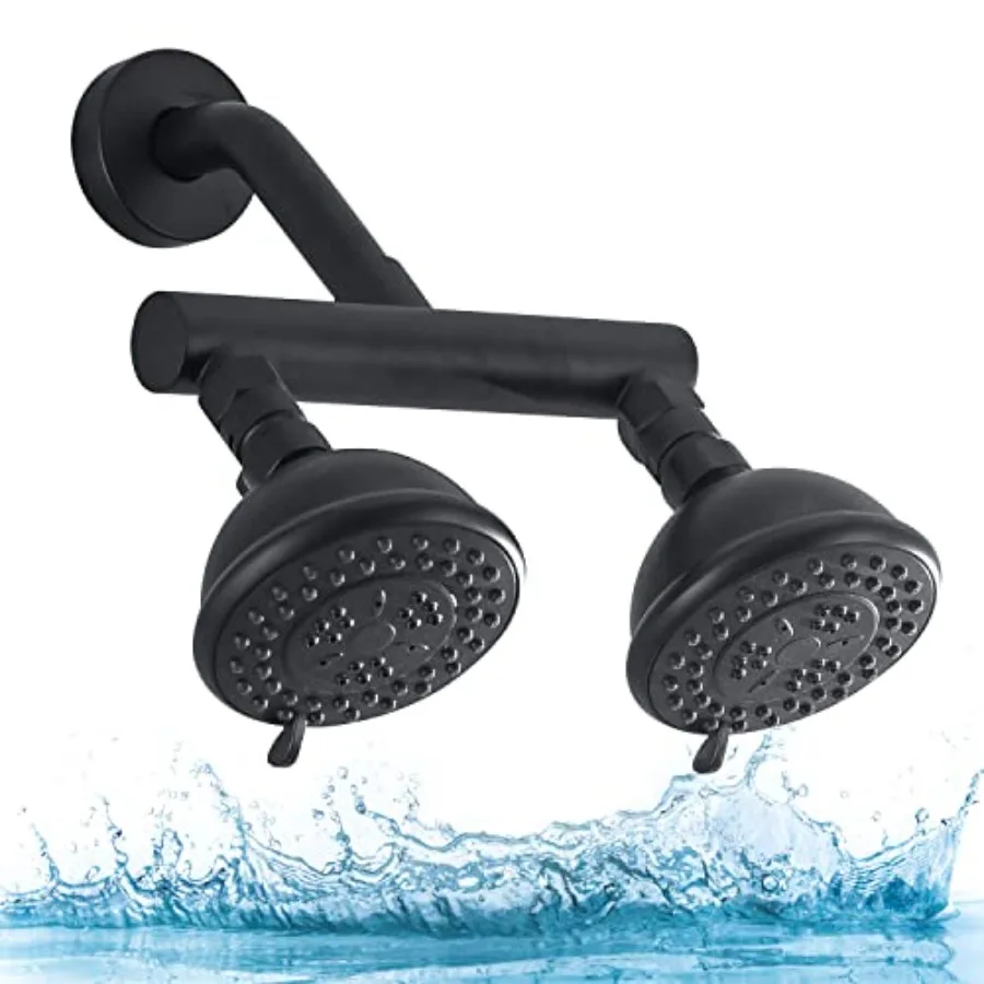 

High Pressure Double Shower Head for Bathroom Use, Solid Brass, Matte Black, with Shut-Off Valve and Dual Outlet Manifold