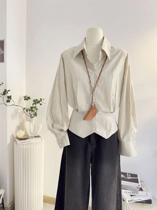 

Women's Slim Fit Striped irt Long Sve Korean Sle Commute Faion Spring Autumn Open Cardigan Design High Waist T Top