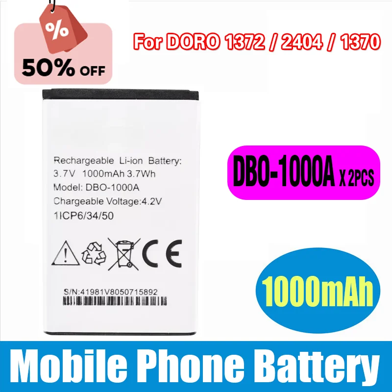 

2PCS/LOT 1000mAh High Qualty DBO-1000A Battery for DORO 1372 / 2404 / 1370 Rechargeable Battery Replacement Bateria 3.7V