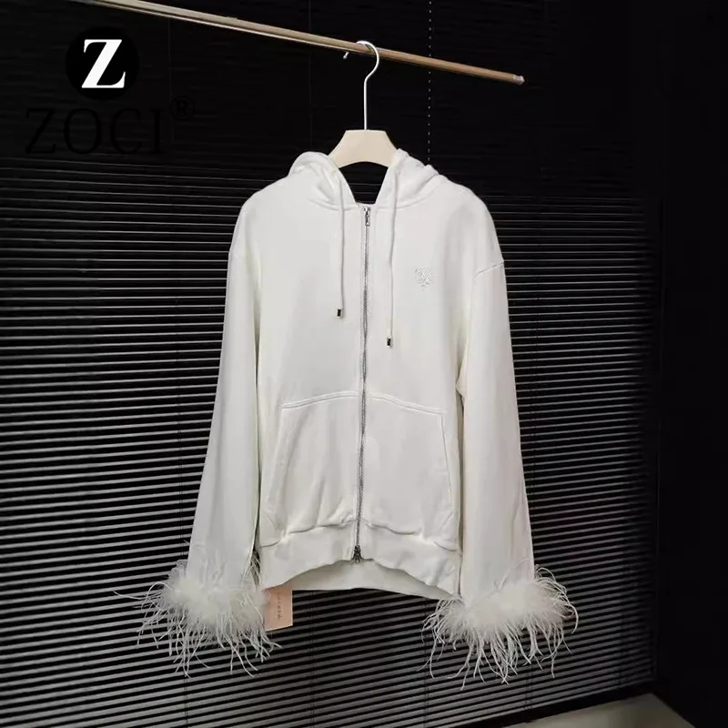 [ZOCI]Girl 2024 Combed White Casual Coat Feather Hot Diamond Versatile Autumn Lightweight Hoodie New