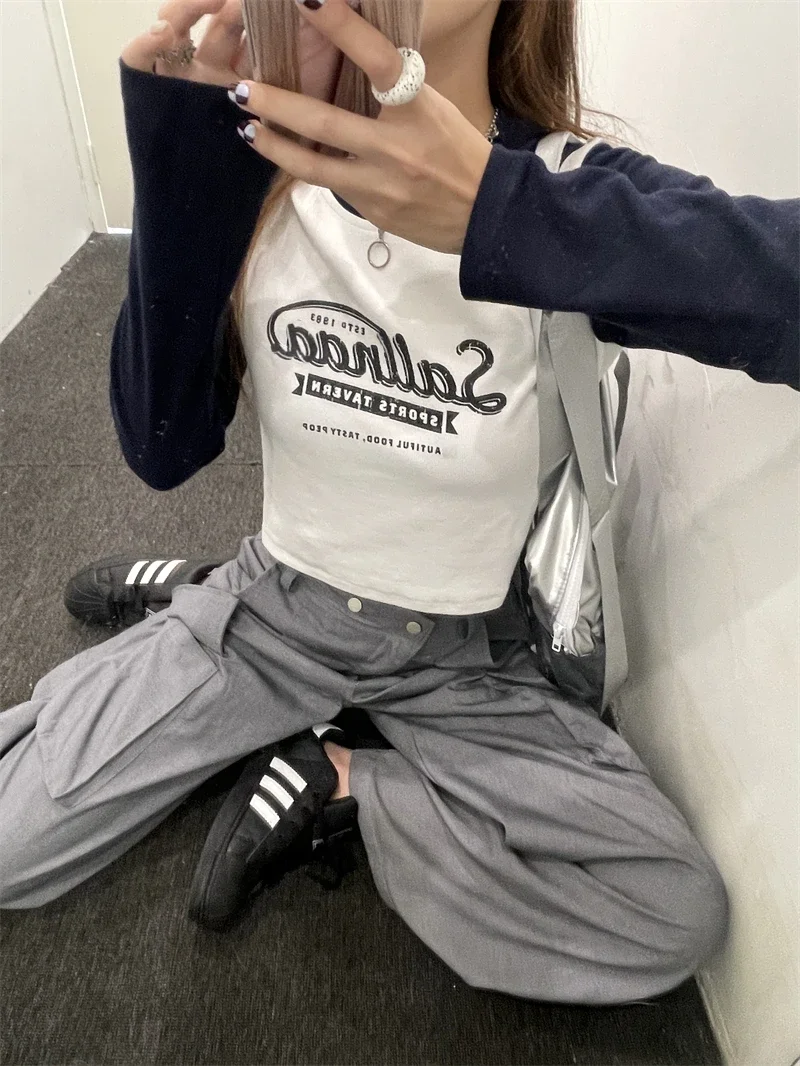 한국어 스타일 티셔츠 여성 뜨거운 여자 레트로 프린트 티셔츠 여성 긴 소매 자르기 탑 패치 워크 Y2k 빈티지 탑 streetwear