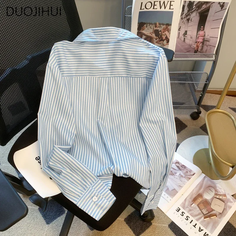 DUOJIHUI Summer Classic Striped Chic Polo Neck Female Shirt New Single Breasted Fashion Contrast Color Simple Casual Women Shirt