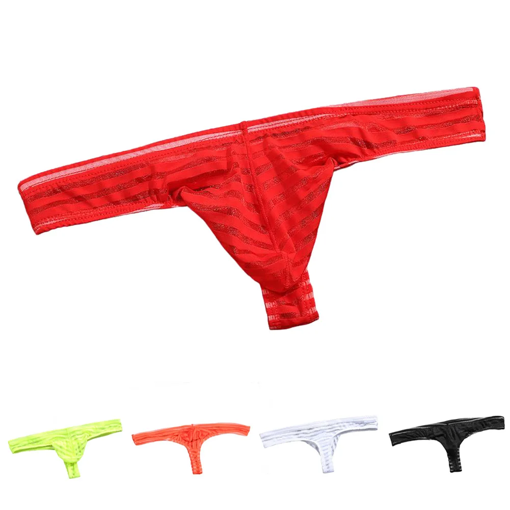 

Men Thong G-String T-back Solid Color Sheer Striped Mesh Breathable Pouch Underwear Underpants Man's Panties