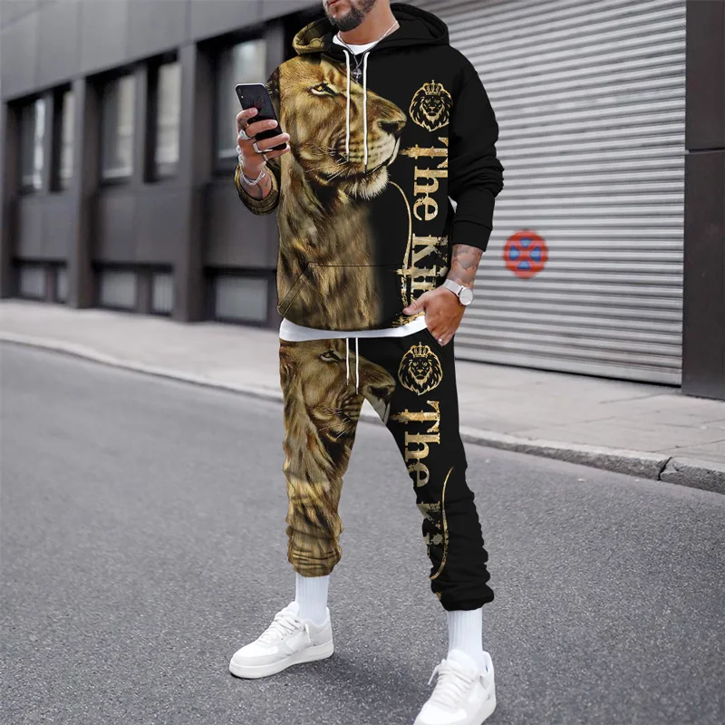 

2023 Autumn Winter Men Hooded Sweatshirt Set 3D Print Tiger Jogging Suit Sweatshirts Oversized Streetwear Tracksuit For Men