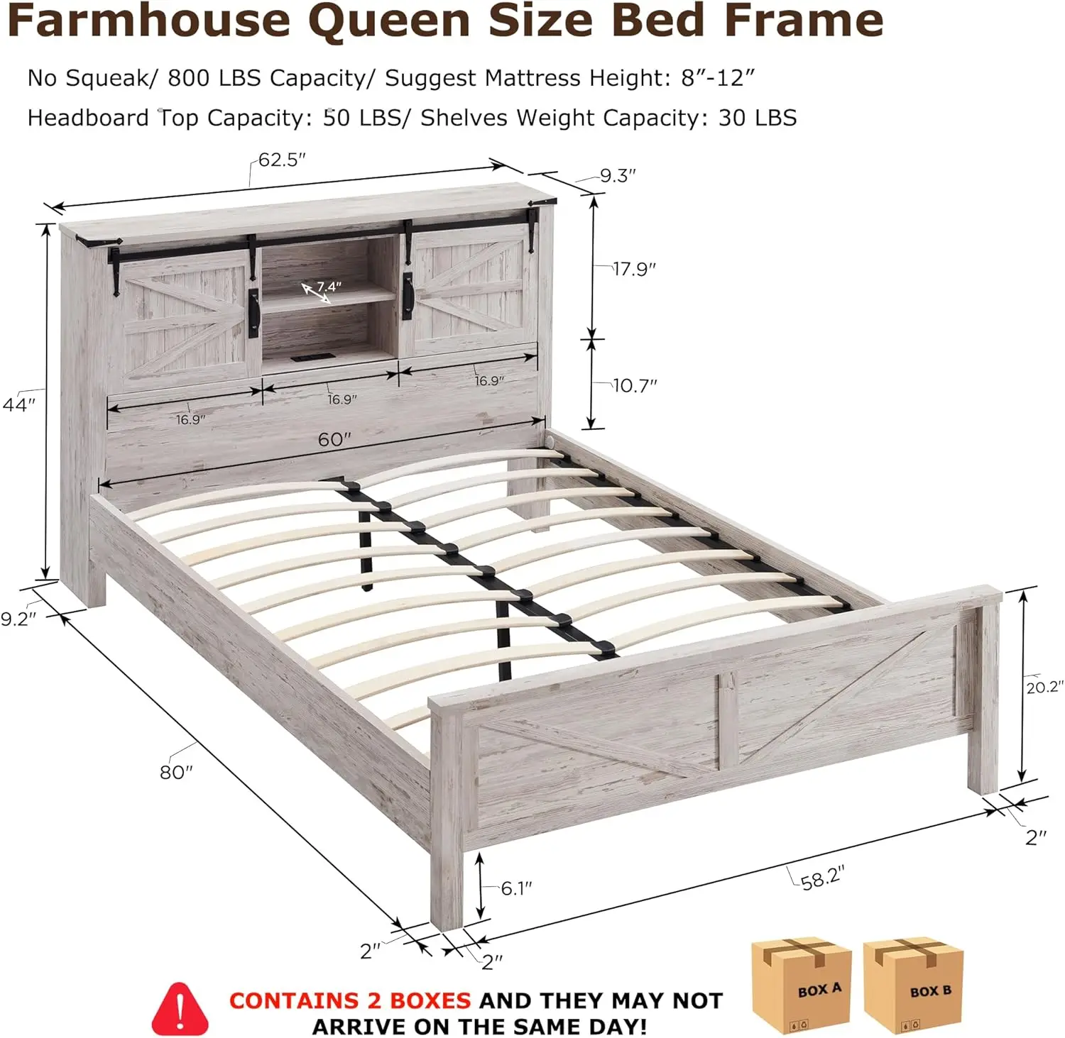 Farmhouse Queen Size Bed Frame w/Storage Bookcase Headboard, Sliding Barn Door, Charging Station, Rustic Wood Platform