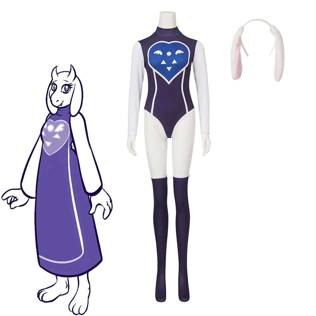 

Undertale Toriel Cosplay Costume Women Sexy Purple Long Sleeves Bodysuit Full Set Halloween Party Battle Suit with Headwear