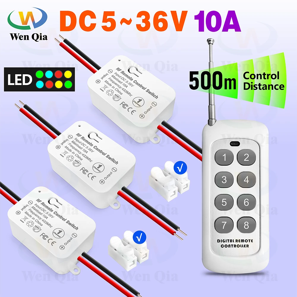 Wireless Remote Control LED Light Switch DC 6V 12V 24V 30V 36V 10A 433Mhz Relay Receiver,8-in-1 500m Remote,for Lamp Light LED