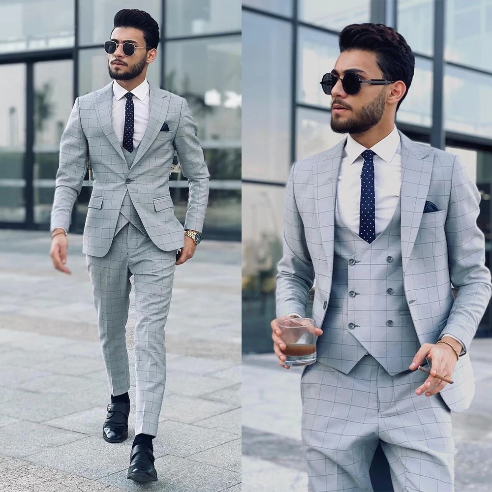 Unique Lattice Men Suits With One Button Three Pieces Jacket Vest Pants Custom Made Bridegroom Wedding Formal Occasiom