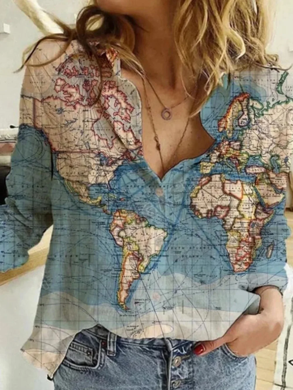 

T-shirt for Women 2023 Fall and Winter Fashion New Maps Depicting Printed Long-sleeved Lapel Tops
