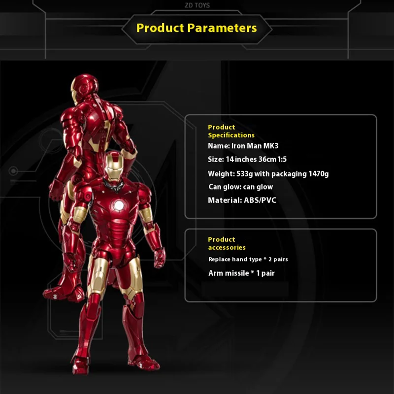 Iron Zd Man-Figura De AccyjN De Tony Stark Modelo De 36 سم Mk3 أساطير أصلية Iluminaciona Led ColeccyjN Conmemorativa 1/5