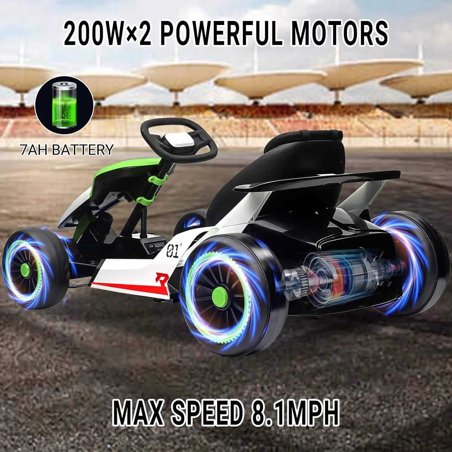 Go Kart, coche eléctrico Drift Kart con asiento ajustable, juguete para paseo al aire libre de 24 V y 7 Ah, motor de 2 * 200 W, 8,1 MPH, luces LED, Toy Rac