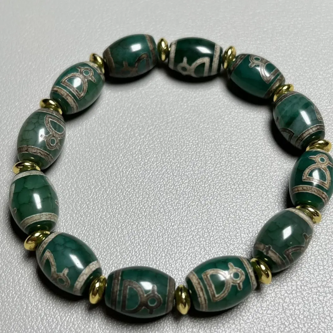 Tibetan God of Wealth Dzi Bead Bracelet Classic Green Dragon Scale Pattern Old Agate Natural Genuine Bracelet Ethnic Style Men's