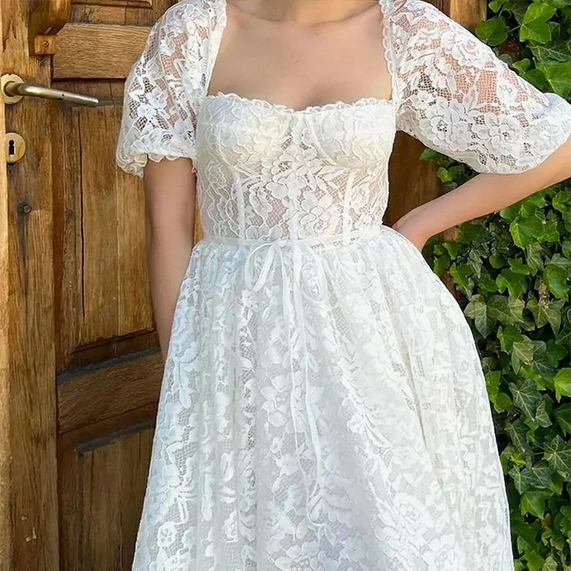 

Elegant Women's Summer Long Dress Sexy Half Sleeve Square Neck Beach Sundress White Lace Party Evening Prom Maxi Dresses Vestido