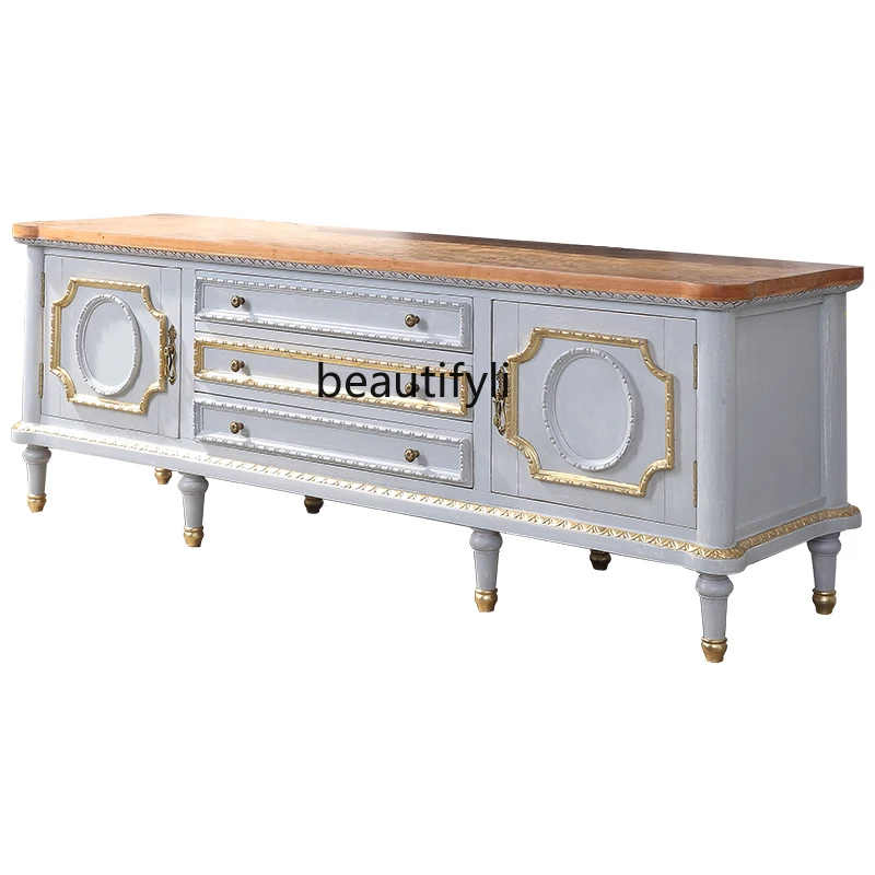 French Simplicity 1.8M TV Cabinet Solid Wood Gold Painting Villa Living Room Storage Floor Cabinet