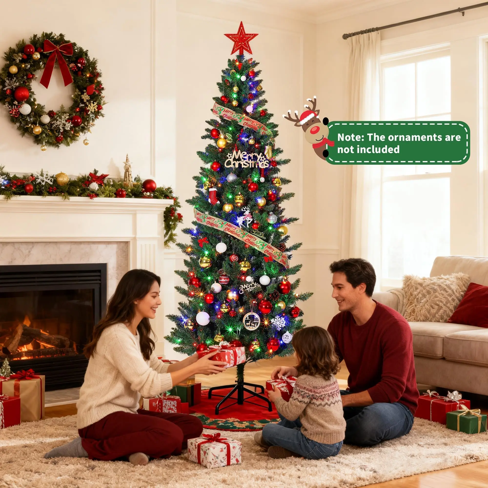 GAOMON 9FT Pencil Christmas Tree - Prelit Christmas Tree with 120 Lights, Indoor Outdoor Holiday Decor for Home, Office, Party