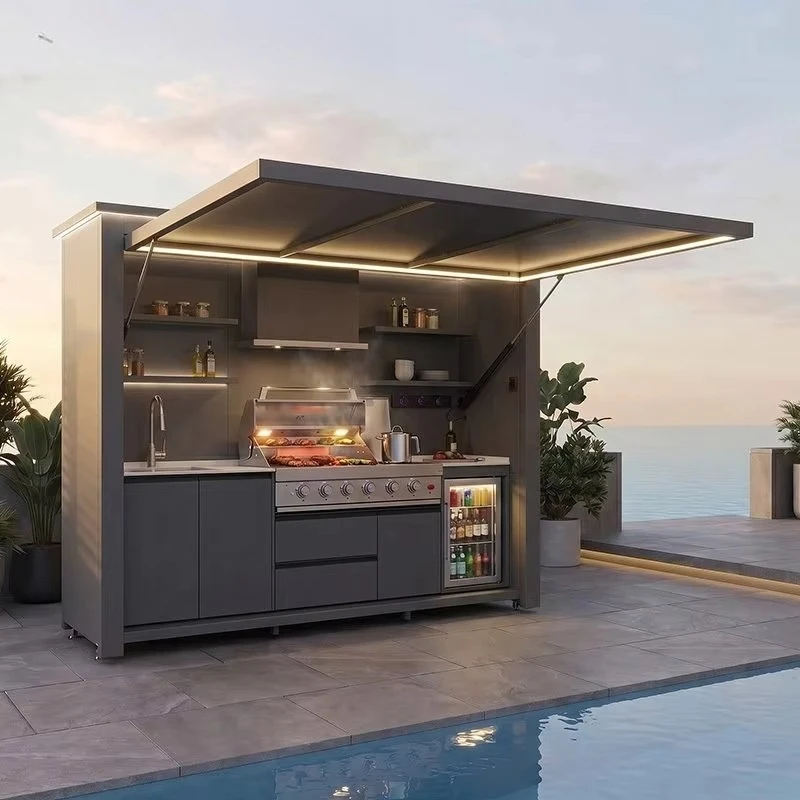 Custom modern premium aluminum integrated outdoor grill kitchen with refrigerator, sink, lockers, retractable doors and storage