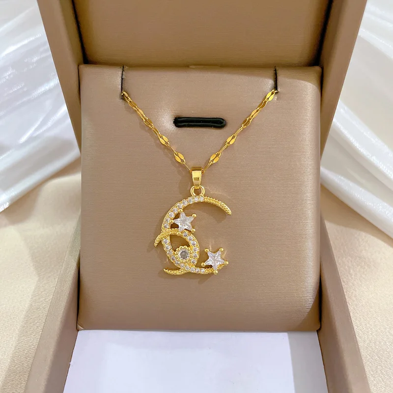

Luxury Minimalist Double Moon Star Necklace For Women Full Zircron Titanium Steel Clavicle Chain Girls Gifts