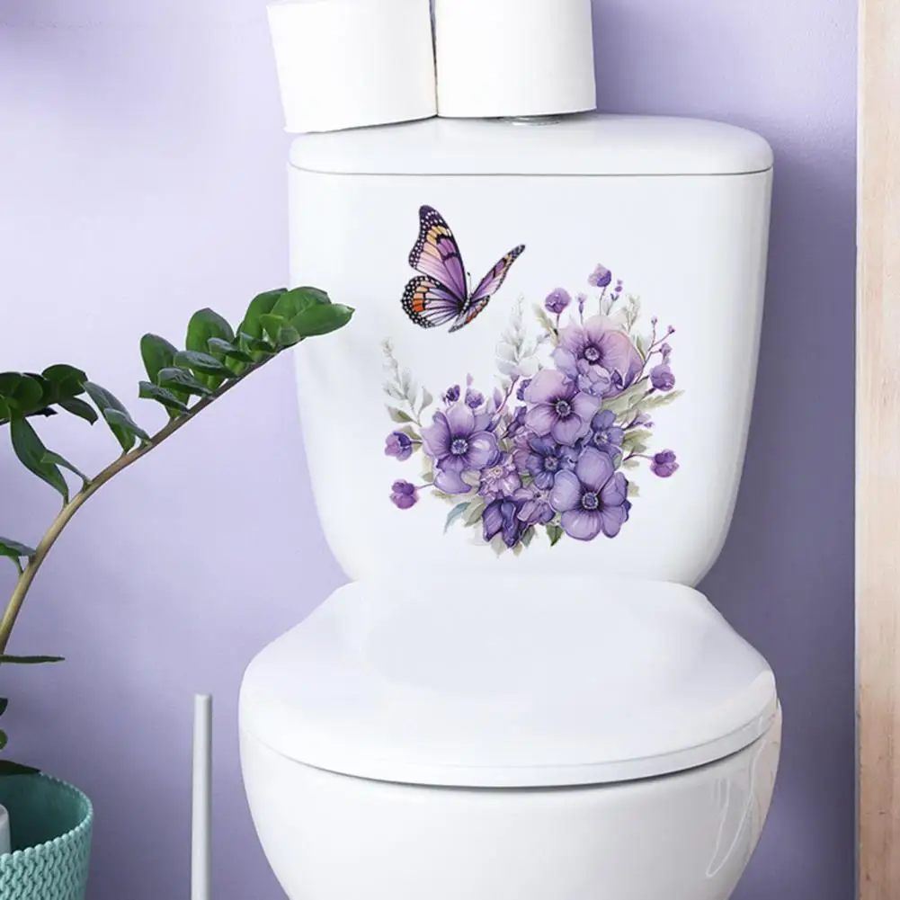 29*29cm Purple-color Flower Butterflies Toilet Sticker Removable Self-adhesive Waterproof PVC Bathroom Toilet Lid Decor Decal