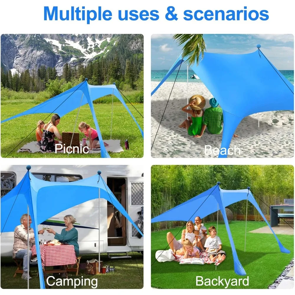 Beach Canopy Tent Sun Shade with UPF 50+ UV Protection, Beach Tent Sun Shelter with Sandbags, Poles and Ground Pegs