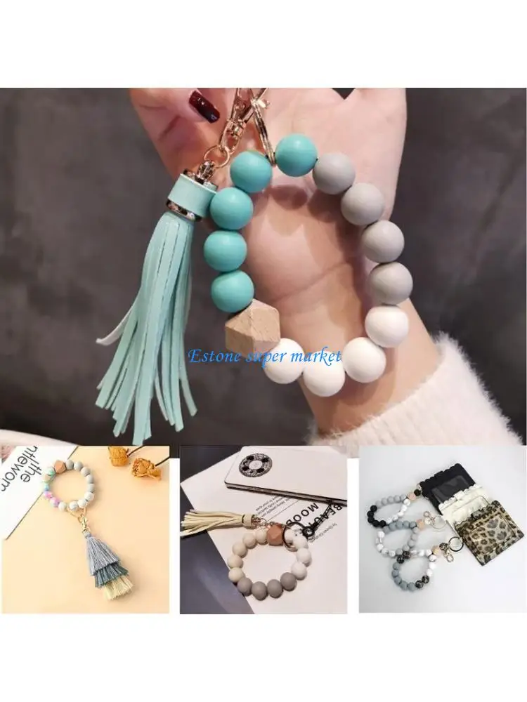 090B DIY Keychain Bracelet Silicone Beaded Keyring Accessory Round Beads